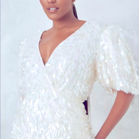 ASOS Peace + Love White Embellished Puff Sleeve Mini Dress size 2 - Picture 2 of 3